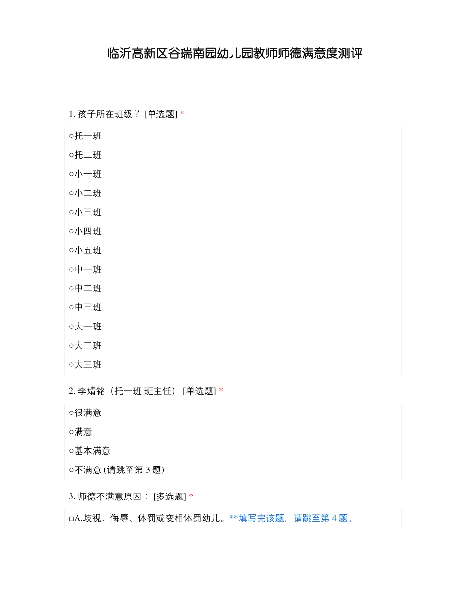 临沂高新区谷瑞南园幼儿园教师师德满意度测评_第1页