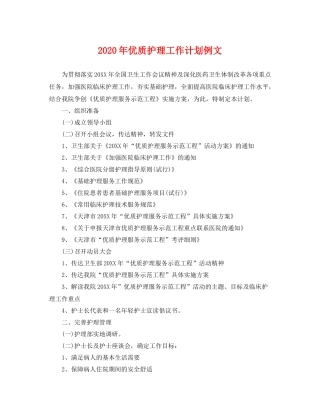 2020年优质护理工作计划例文 