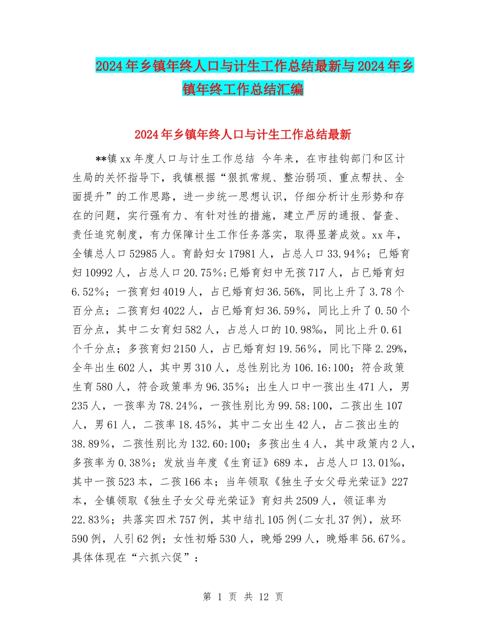 2024年乡镇年终人口与计生工作总结最新与2024年乡镇年终工作总结汇编_第1页