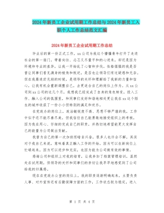 2024年新员工企业试用期工作总结与2024年新员工入职个人工作总结范文汇编