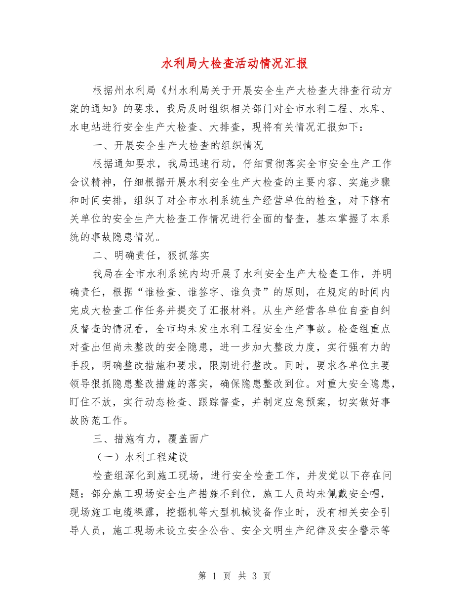 水利局大检查活动情况汇报_第1页