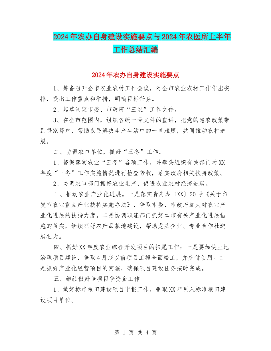 2024年农办自身建设实施要点与2024年农医所上半年工作总结汇编_第1页