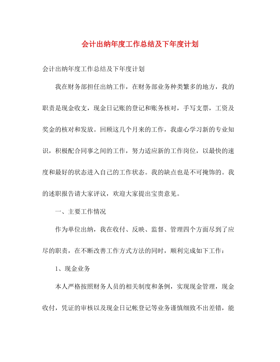 会计出纳年度工作总结及下年度计划 _第1页