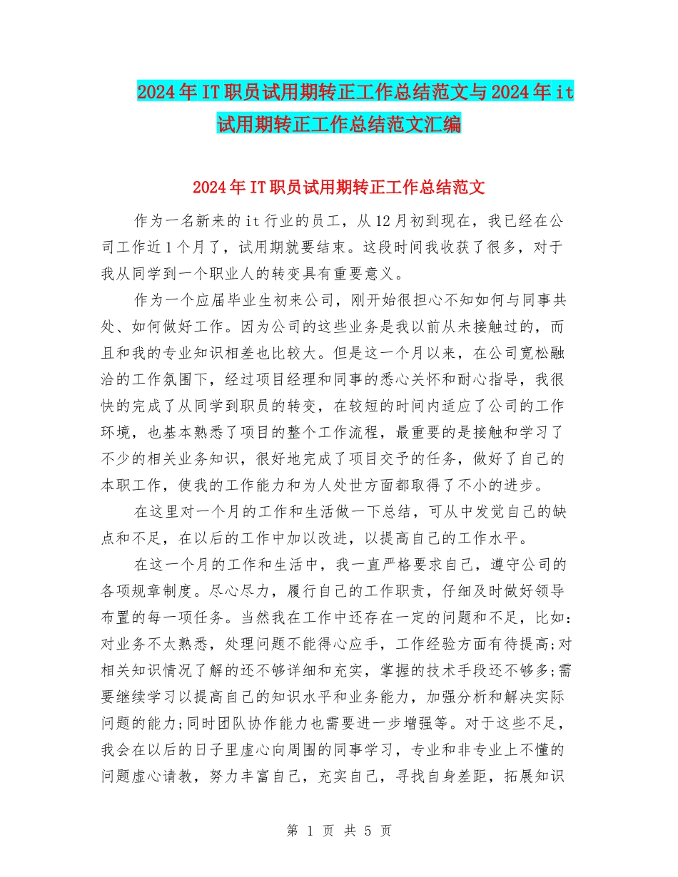 2024年IT职员试用期转正工作总结范文与2024年it试用期转正工作总结范文汇编_第1页