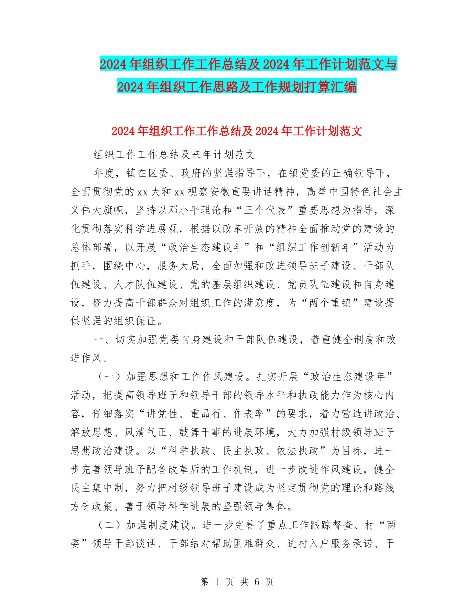 2024年组织工作工作总结及2024年工作计划范文与2024年组织工作思路及工作规划打算汇编_第1页