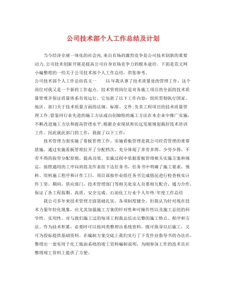 公司技术部个人工作总结及计划 