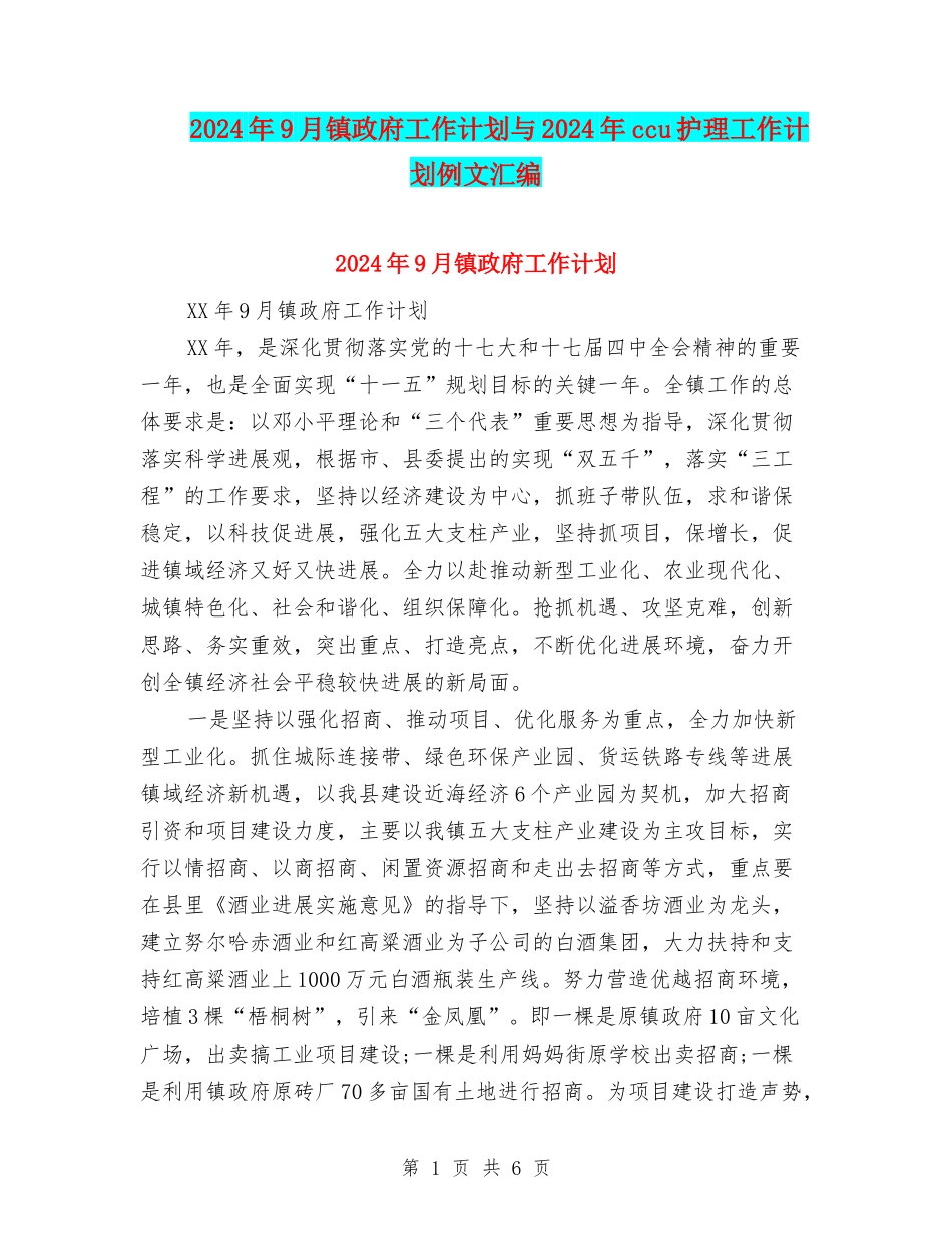 2024年9月镇政府工作计划与2024年ccu护理工作计划例文汇编_第1页