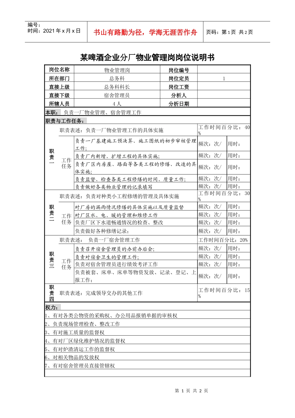 某啤酒企业分厂物业管理岗岗位说明书_第1页