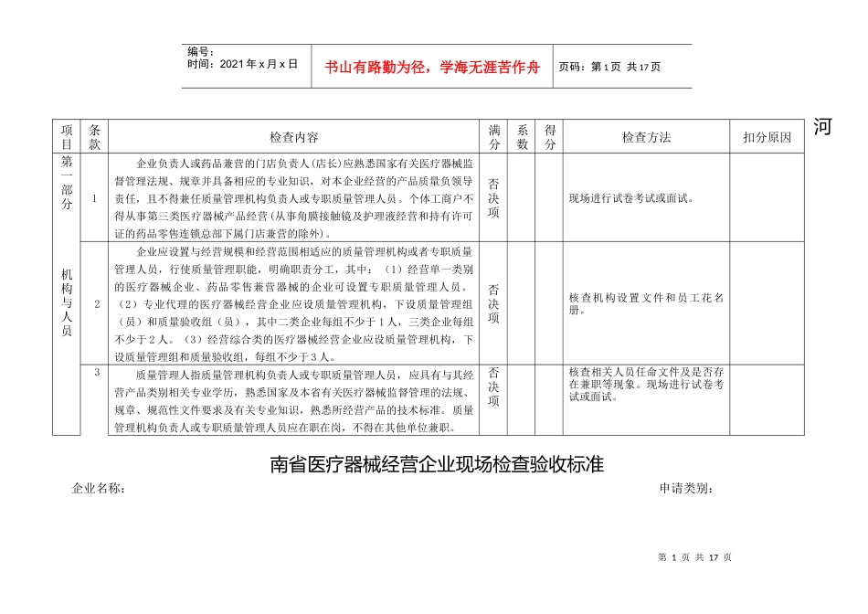 河南省医疗器械经营企业现场检查验收标准-河南省食品药品监_第1页