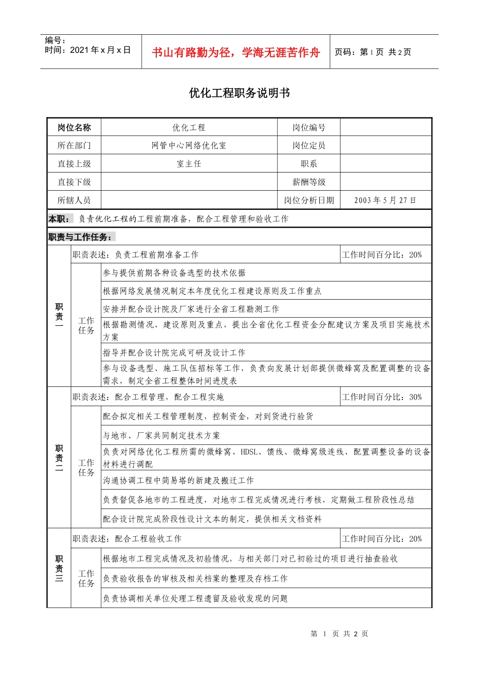 材料行业-网管中心网络优化室-优化工程岗位说明书_第1页