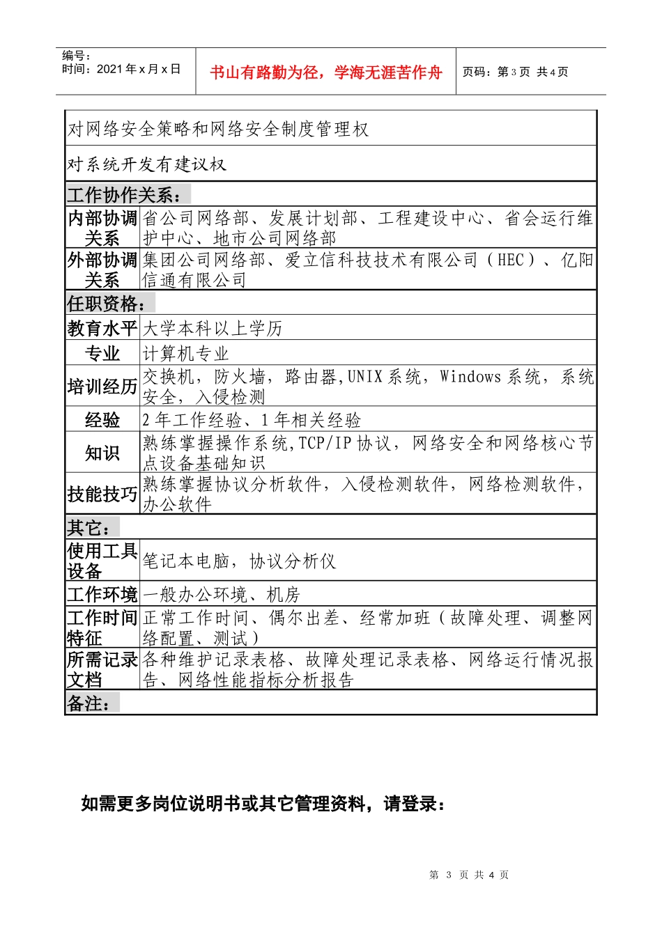 材料行业-网络管理中心IT室-安全管理岗位说明书_第3页