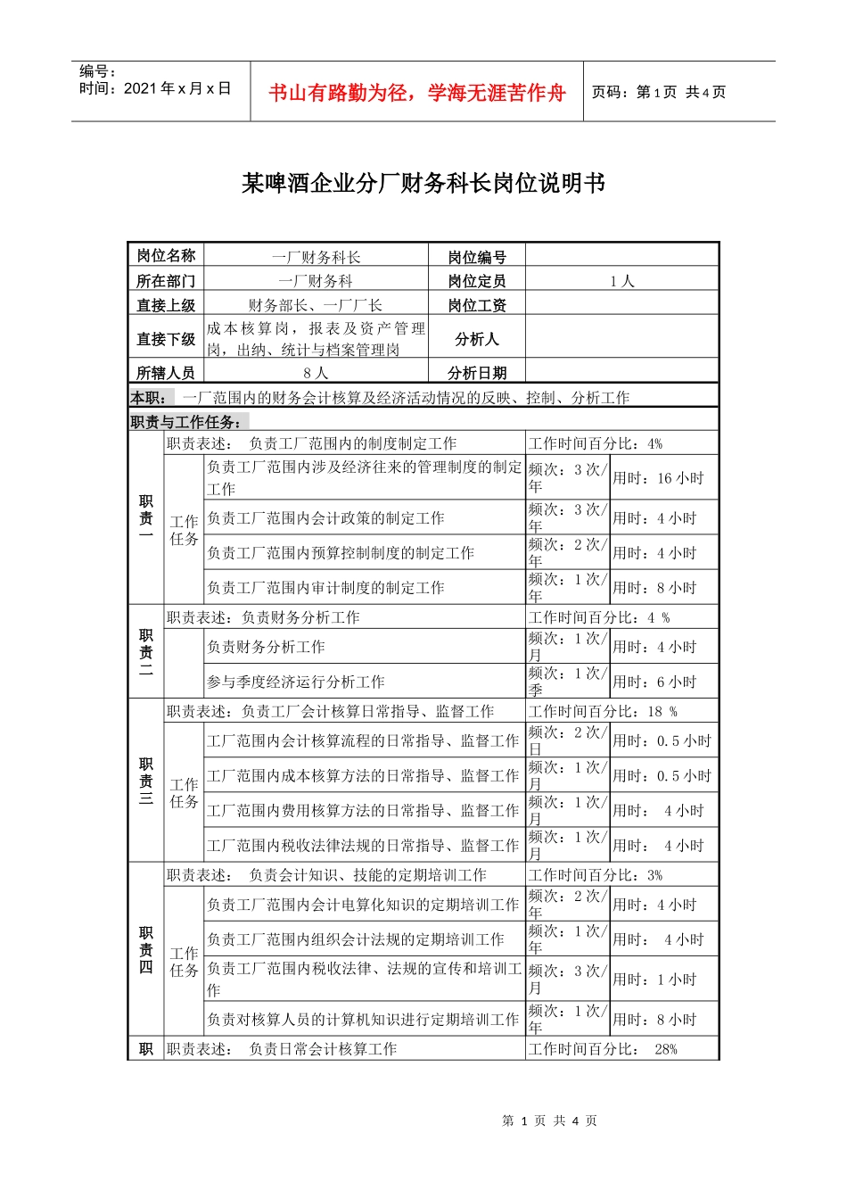 某啤酒企业分厂财务科长岗位说明书_第1页