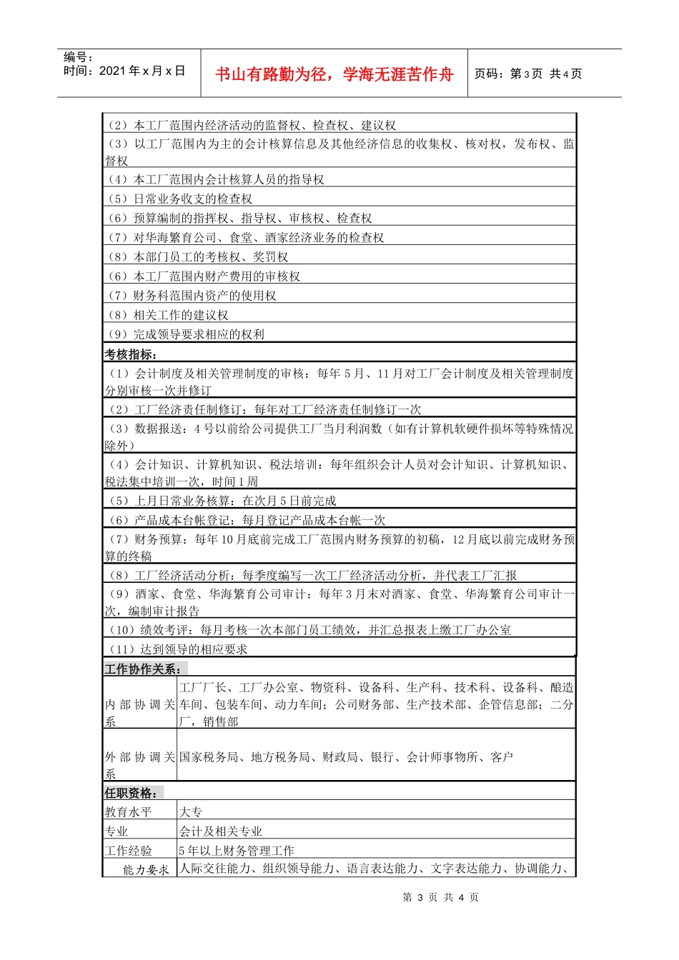 某啤酒企业分厂财务科长岗位说明书_第3页