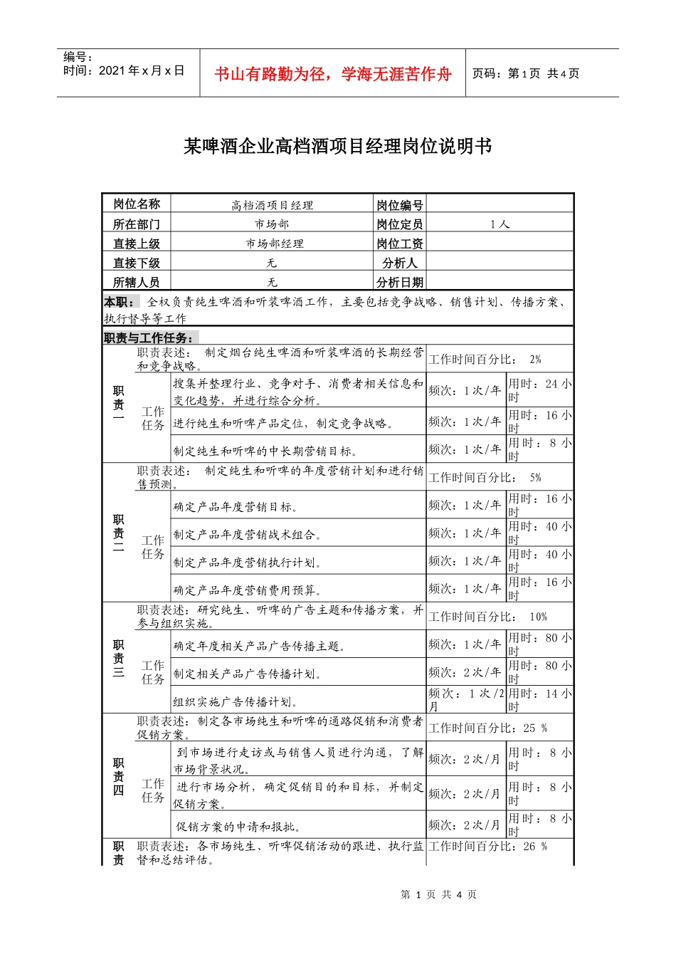 某啤酒企业高档酒项目经理岗位说明书_第1页
