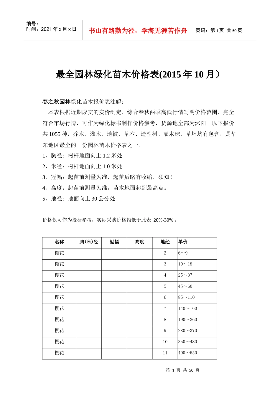 最全园林绿化苗木价格表(XXXX年10月)_第1页