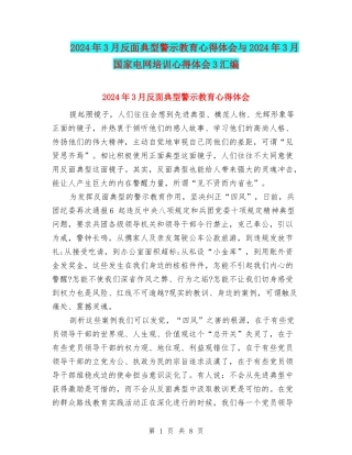 2024年3月反面典型警示教育心得体会与2024年3月国家电网培训心得体会3汇编