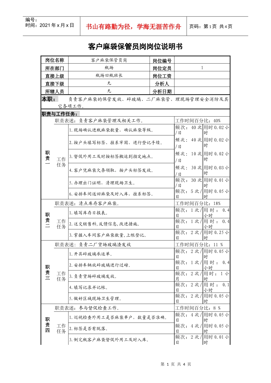 某啤酒企业客户麻袋保管岗位说明书_第1页