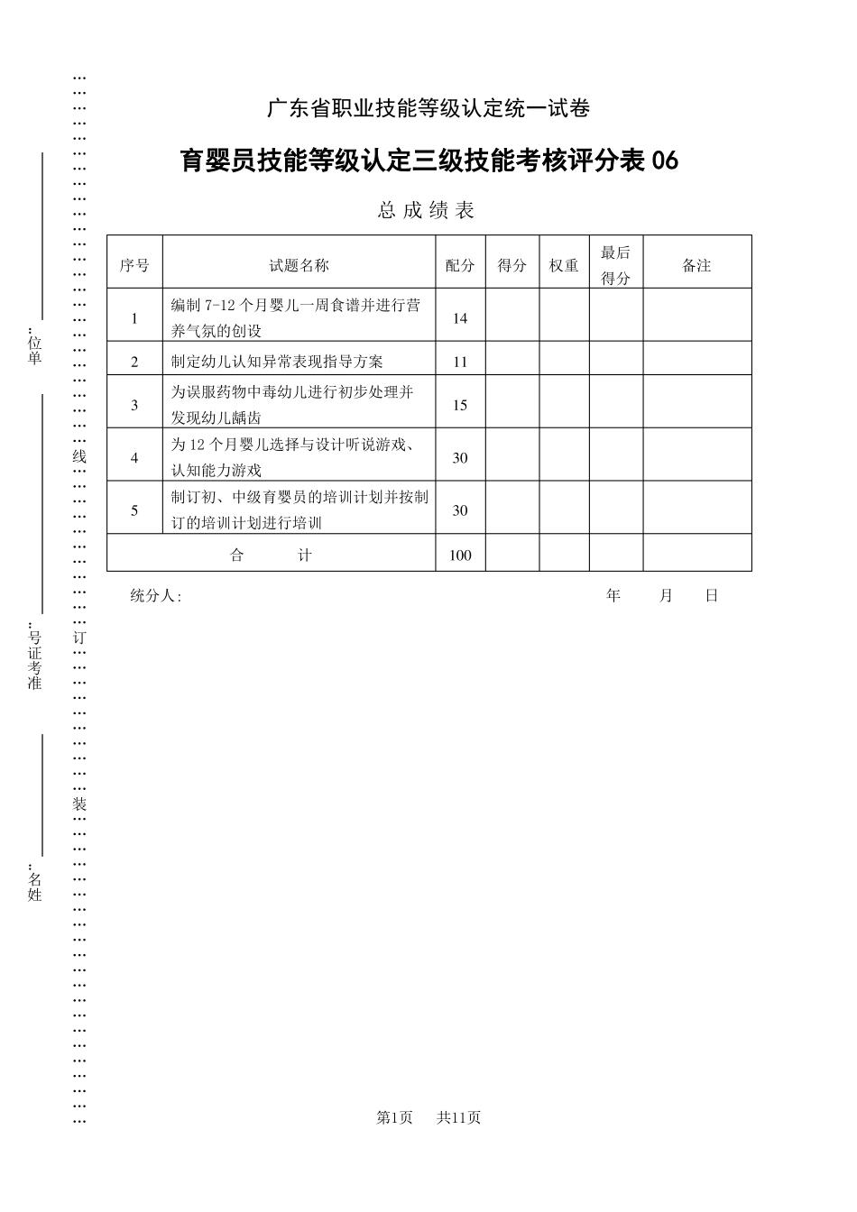 广东职业技能等级认定证书试卷样题育婴员技能等级认定三级技能考核试卷06评分记录表_第1页