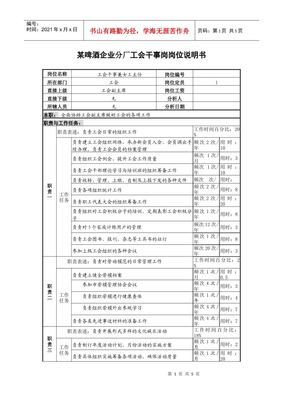 某啤酒企业分厂工会干事岗岗位说明书_第1页