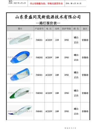 山东某新能源技术公司路灯报价表