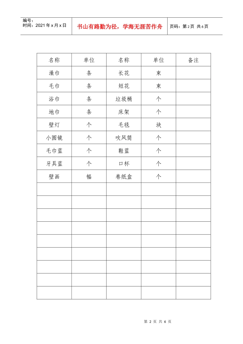 宾馆客房标准间配备物品表_第2页
