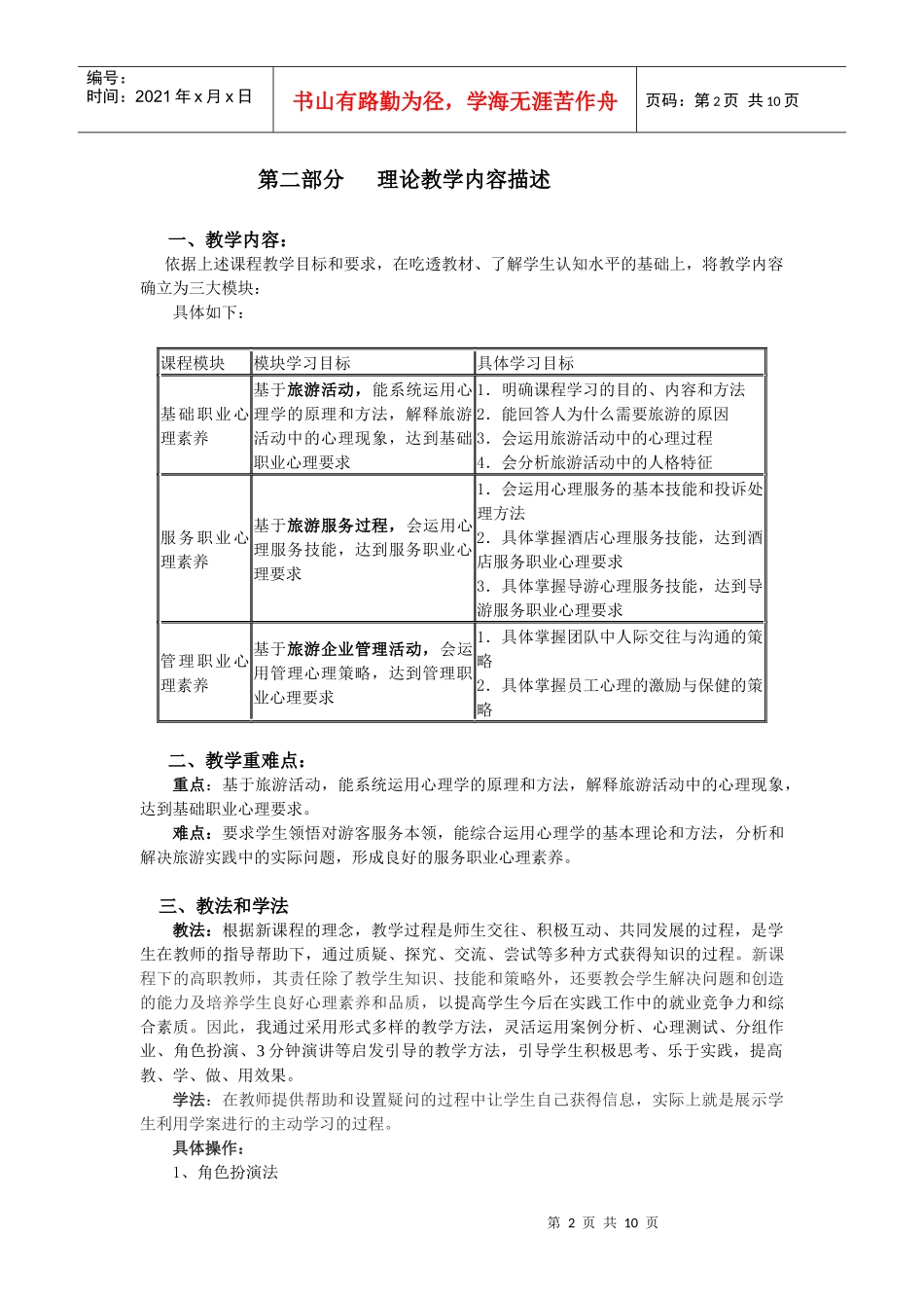 厦门城市职业学院旅游心理学课程教学大纲_第2页