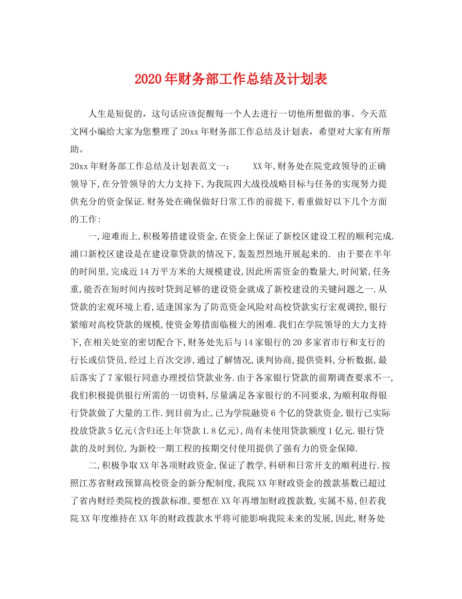 2020年财务部工作总结及计划表 _第1页