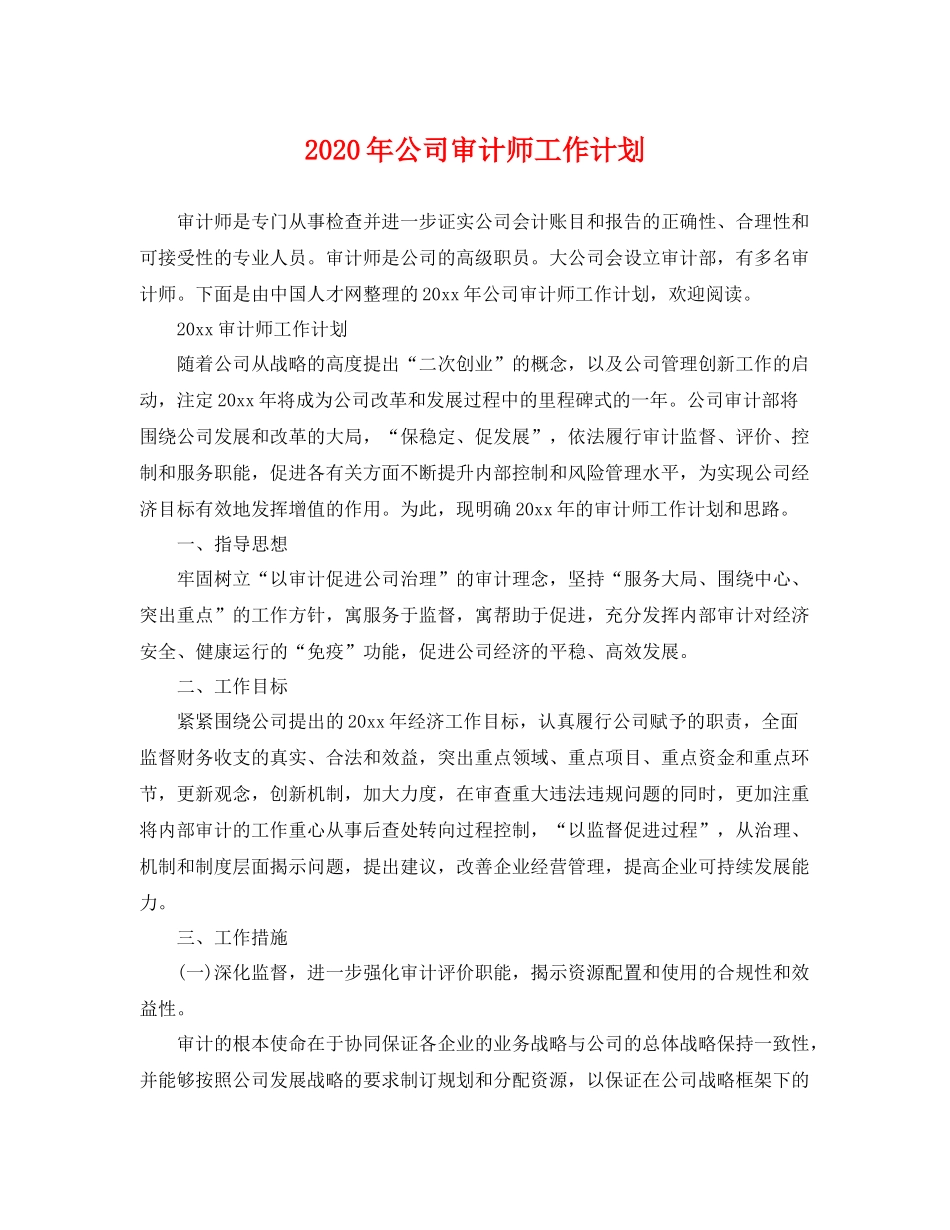 2020年公司审计师工作计划 _第1页