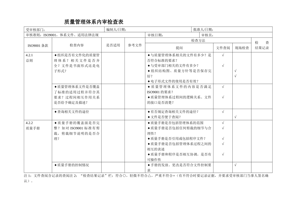 质量管理体系内审检查表_第1页