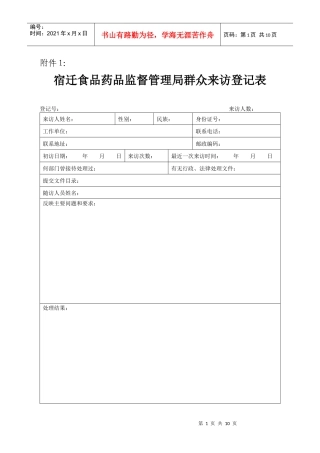 宿迁食品药品监督管理局群众来访登记表