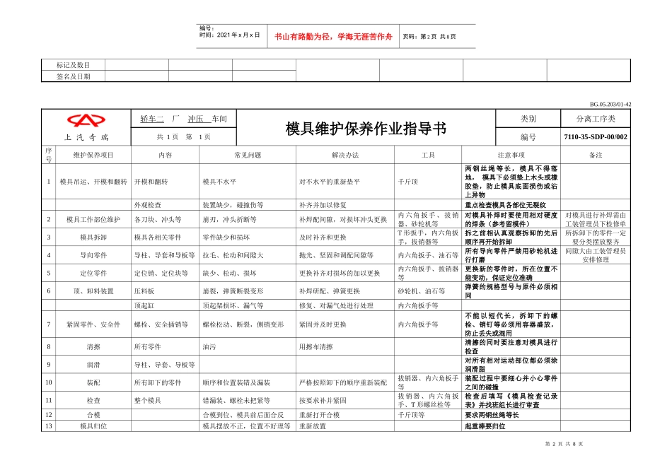 奇瑞模具维护保养作业指导书_第2页