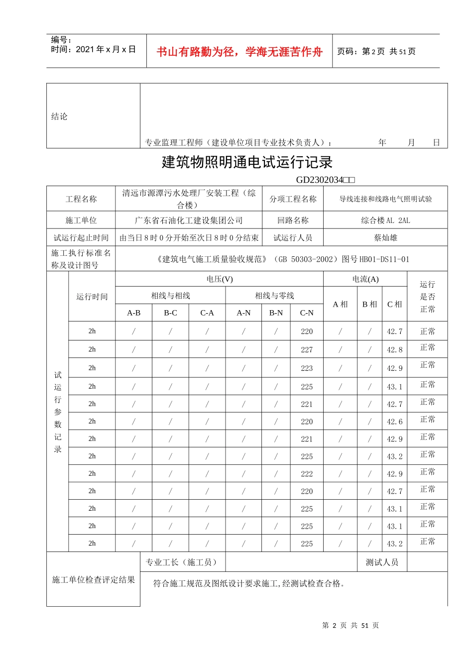 建筑物照明通电试运行记录(综合楼)_第2页