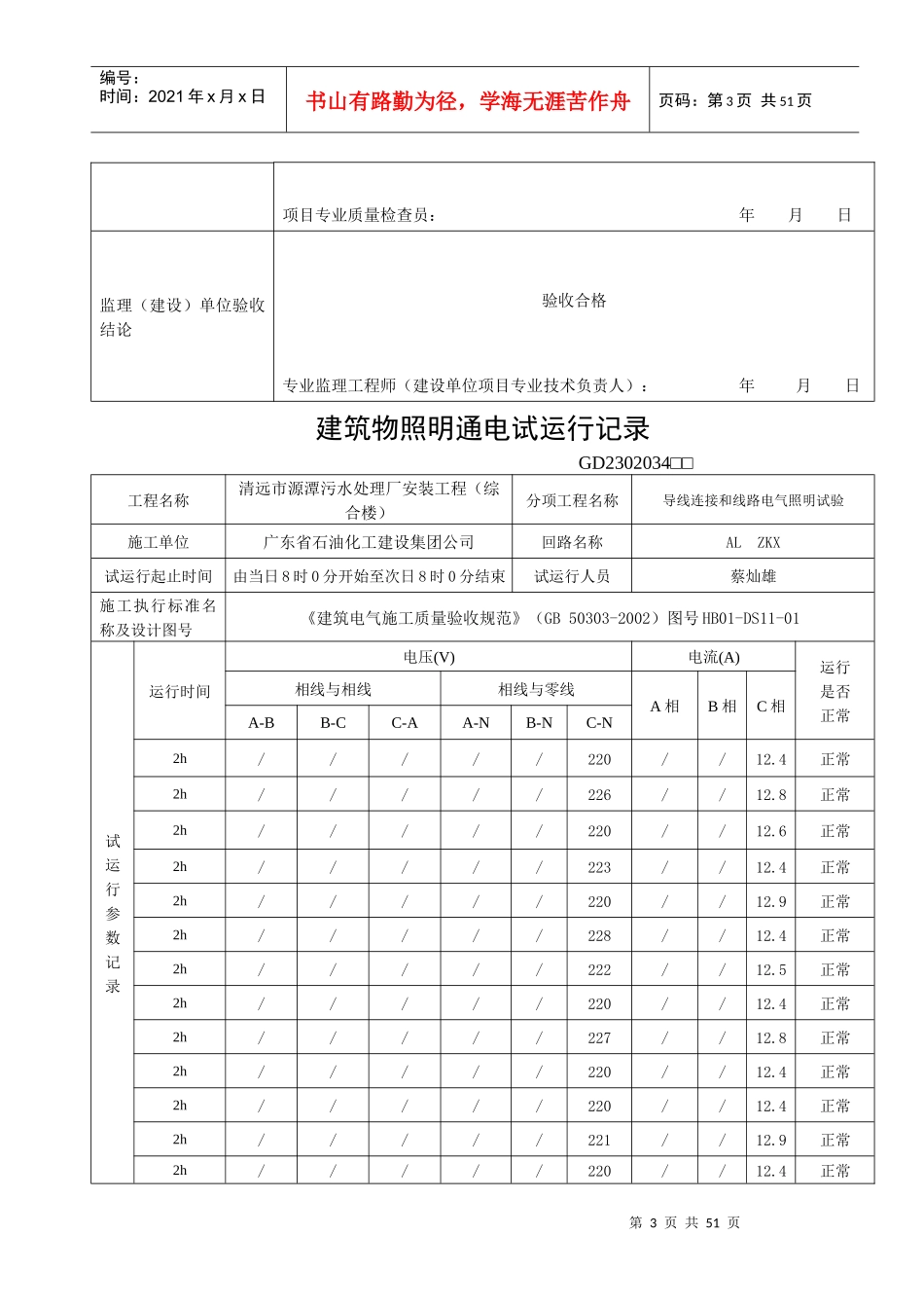 建筑物照明通电试运行记录(综合楼)_第3页
