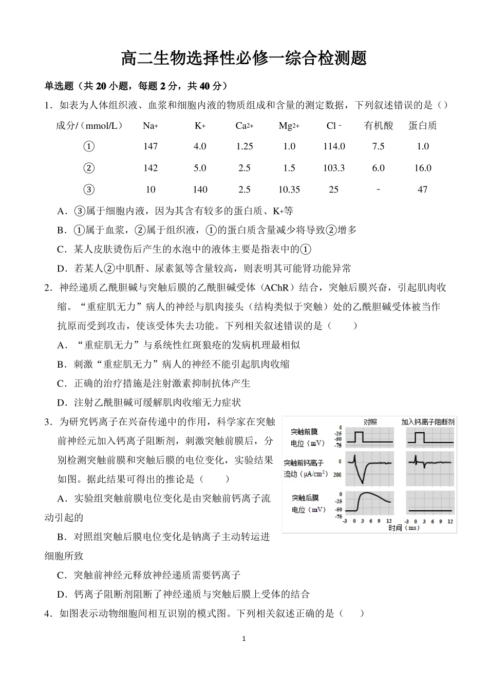 高二生物选择性必修一综合检测题_第1页