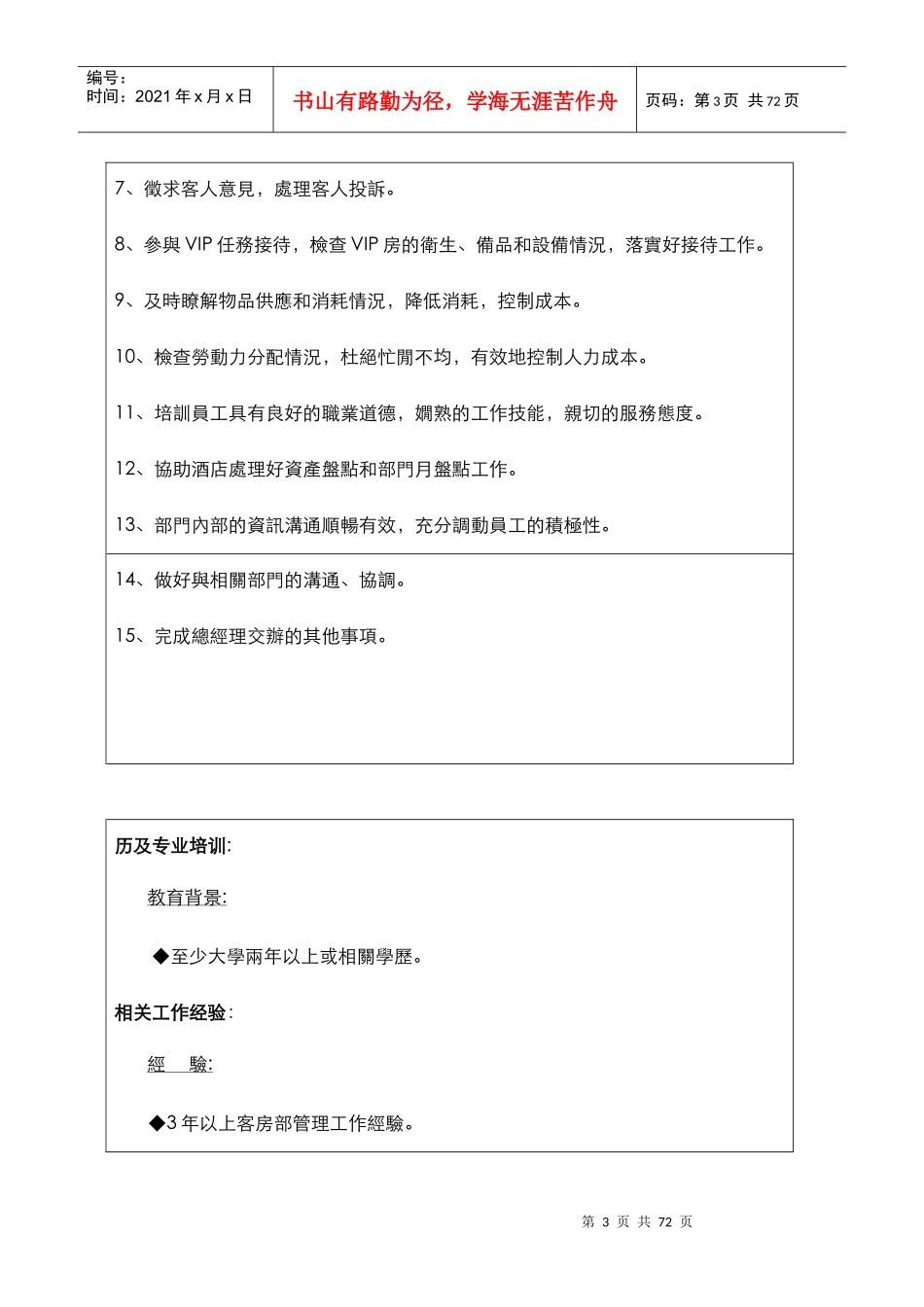 博雅酒店客房部组织架构及职位说明_第3页