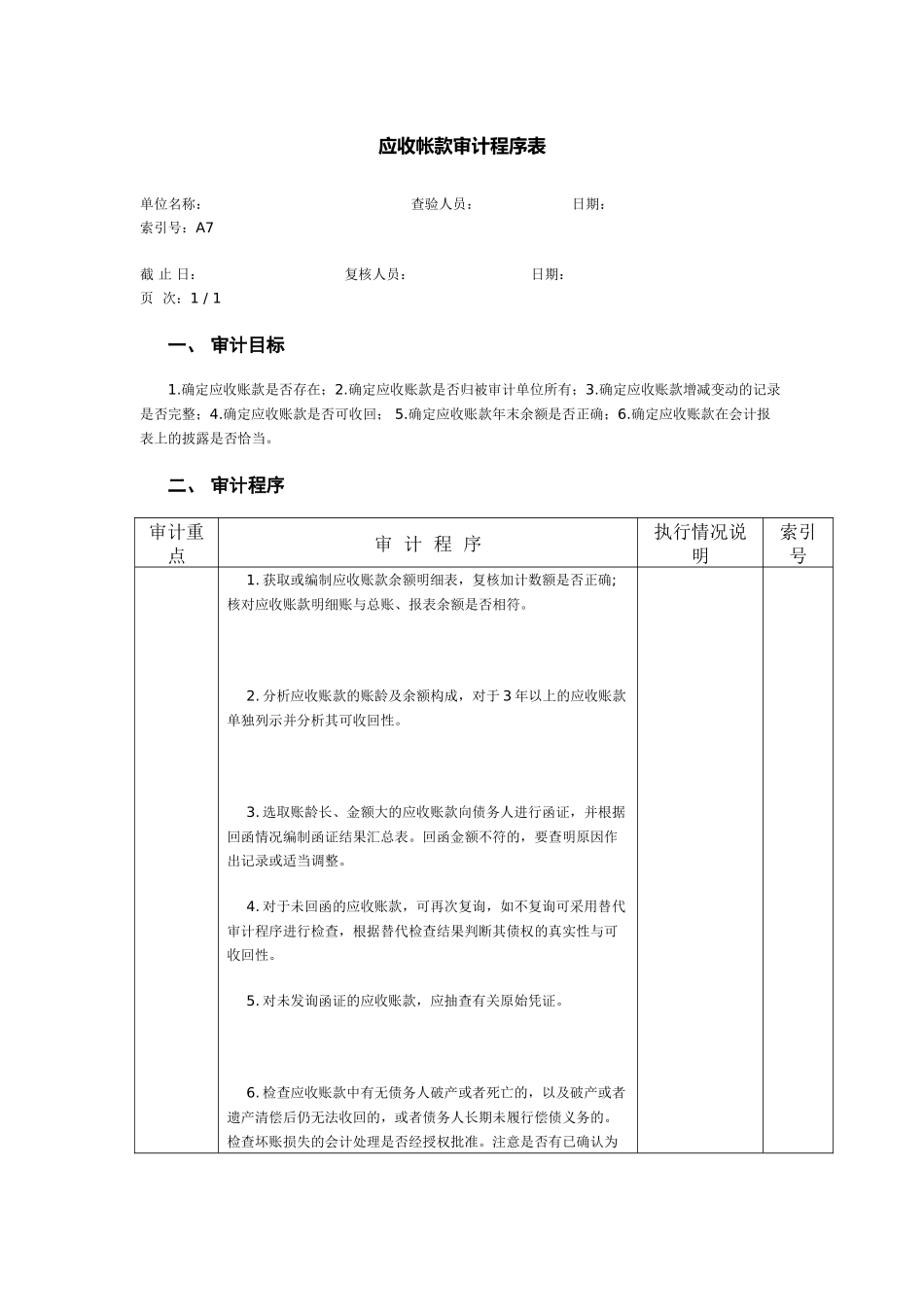 预付账款审计程序表-应收帐款审计程序表_第1页