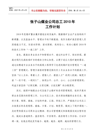 张子山煤业公司总工程XXXX年工作方案