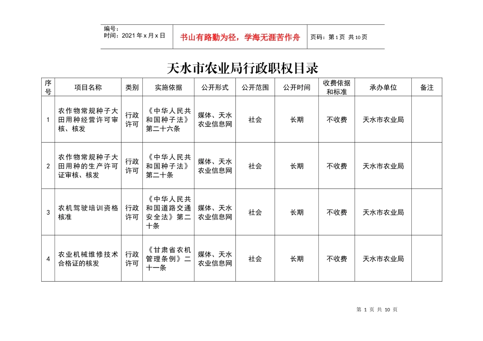 天水市农业局行政职权目录_第1页