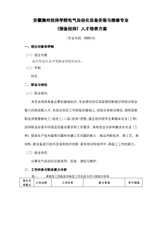 安徽滁州技师学院电气自动化设备安装与维修专业预备技师人才培养方案模板
