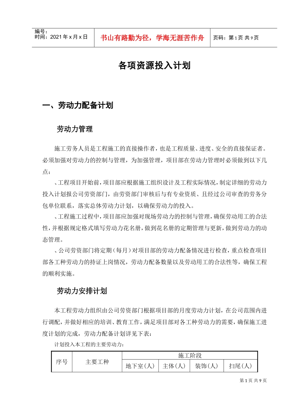 工程资源投入计划（框架结构）(DOC9页)_第1页