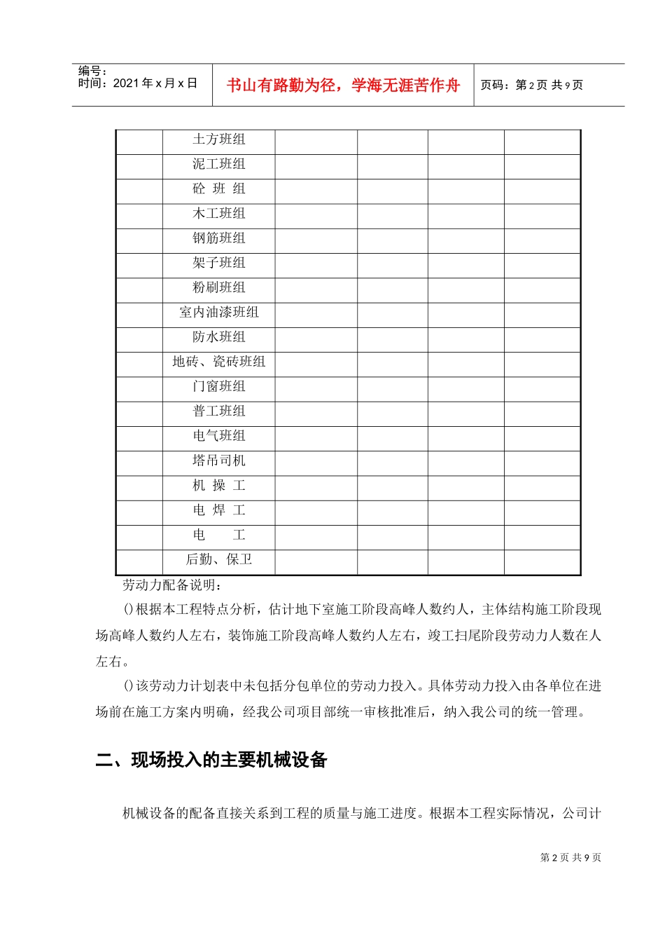 工程资源投入计划（框架结构）(DOC9页)_第2页