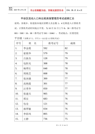 平谷区流动人口和出租房屋管理员考试成绩汇总