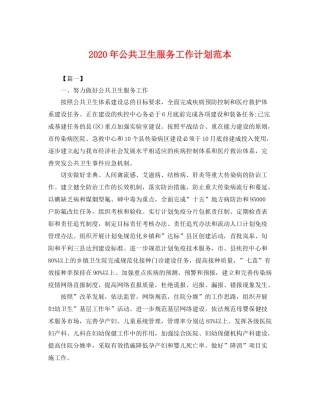 2020年公共卫生服务工作计划范本 