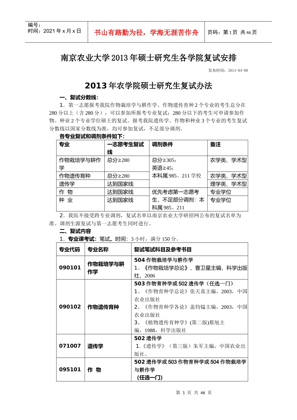 南京农业大学XXXX年硕士研究生各学院复试安排_第1页