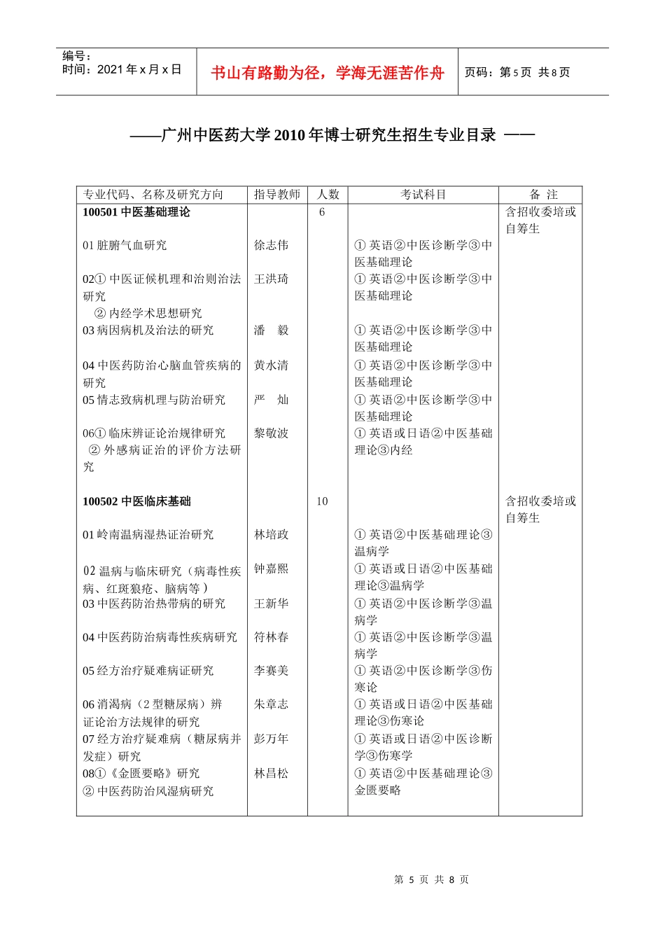 广州中医药大学XXXX年博士研究生招生专业目录-——广_第1页