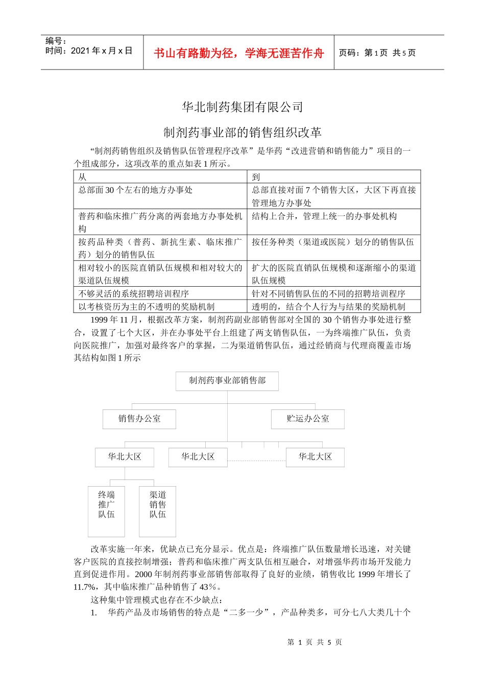 华北制药集团有限公司制剂药事业部的销售组织改革_第1页