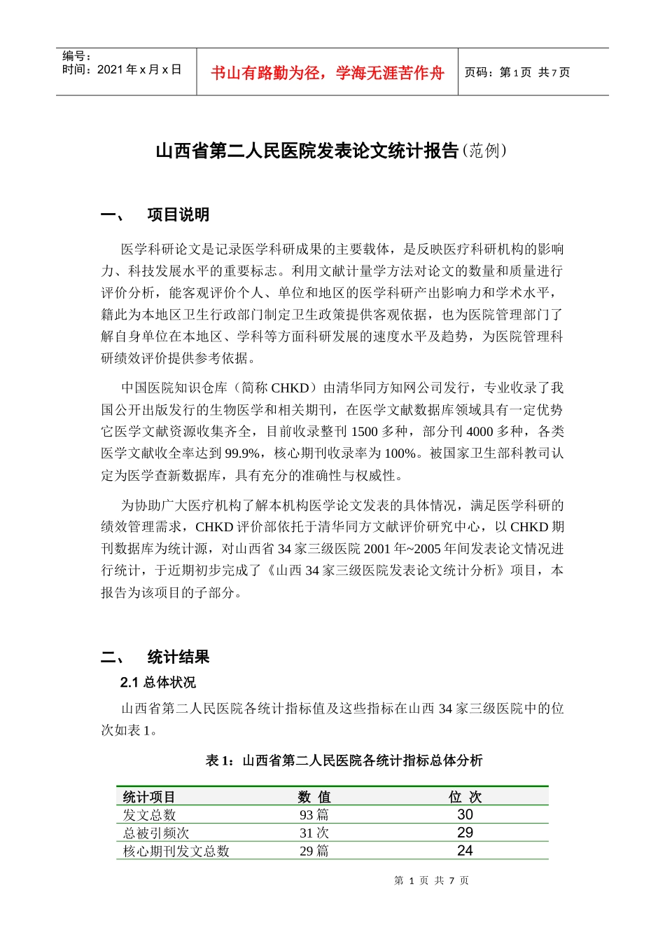 山西医科大学第二医院论文计量报告部分_第1页