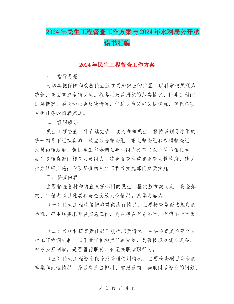 2024年民生工程督查工作方案与2024年水利局公开承诺书汇编_第1页