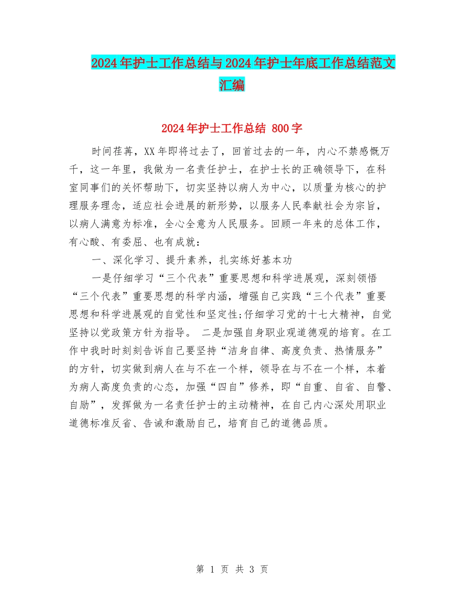 2024年护士工作总结与2024年护士年底工作总结范文汇编_第1页
