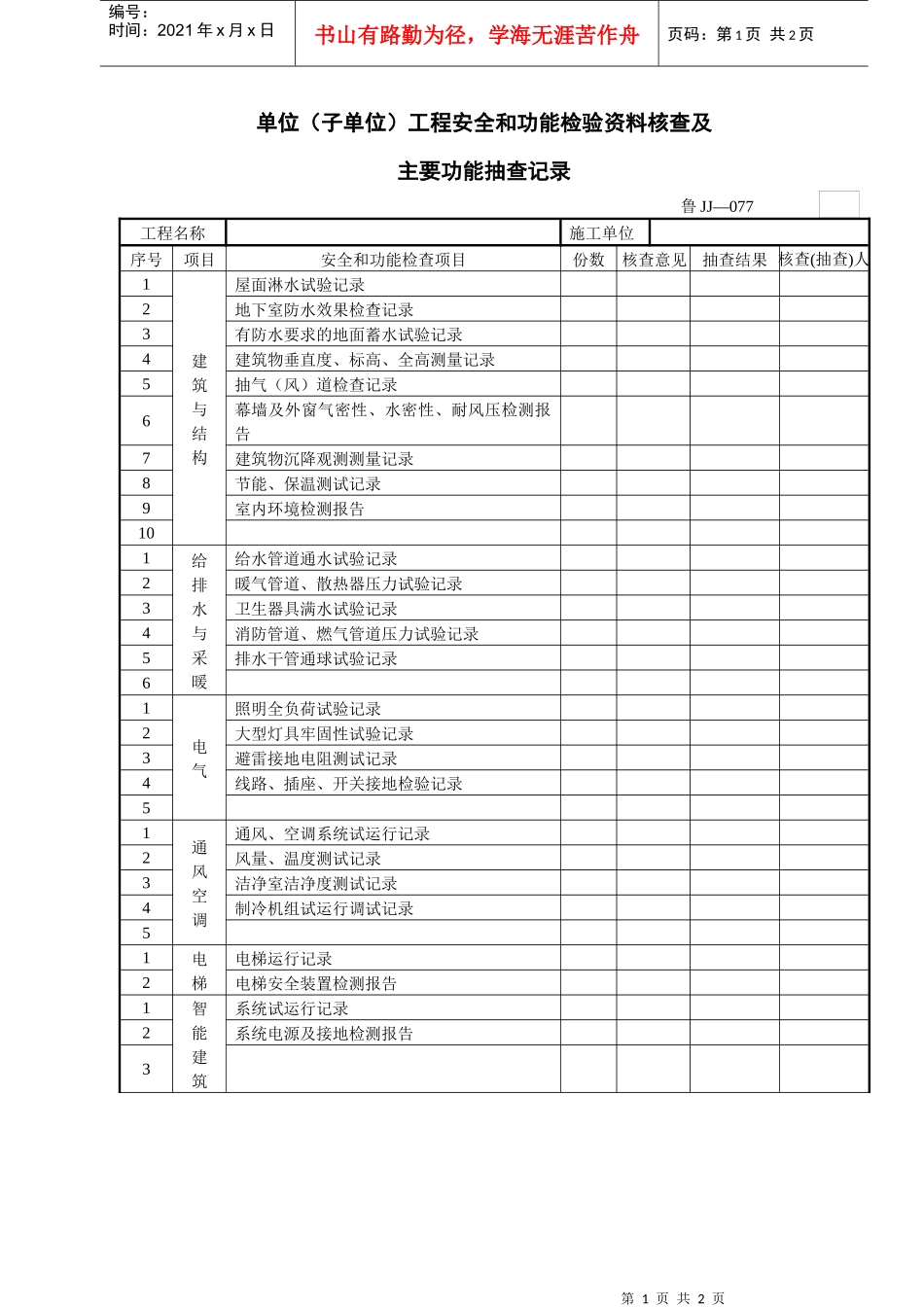 单位(子单位)工程安全和功能检验资料核查及主要功能抽查记录_第1页